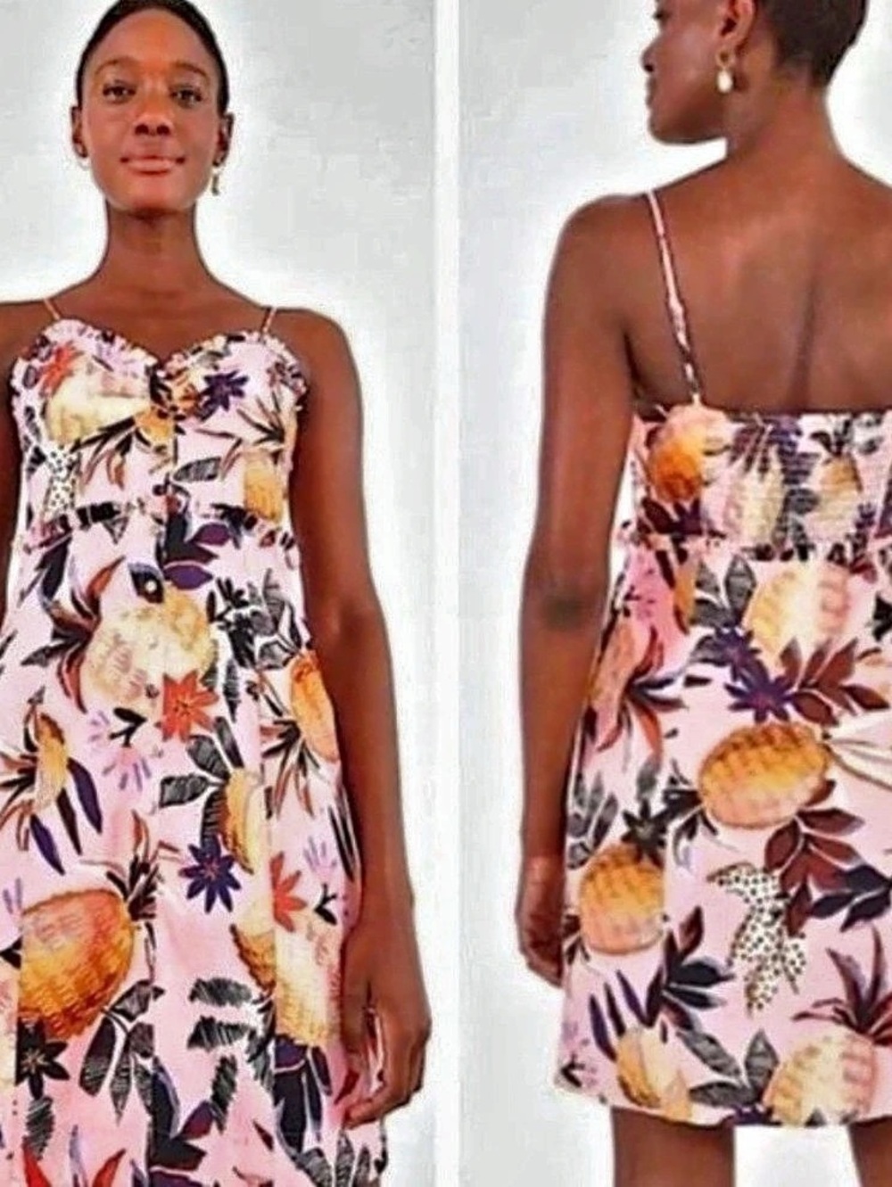 Farm Rio Pink Pineapple Linen Blend Mini Dress Floral Pink Small